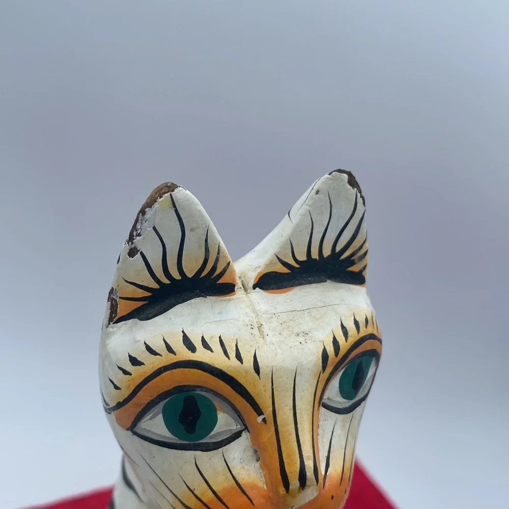 Handcrafted Wooden Cat Figurine Orange and Black Stripes shelf sitter 11” READ
